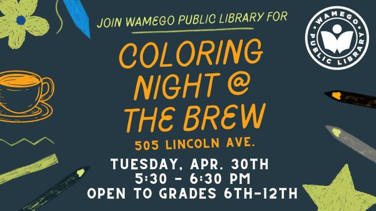 Coloring Night, Tuesday, April 30th, 5:30-6:30 pm, at The Brew