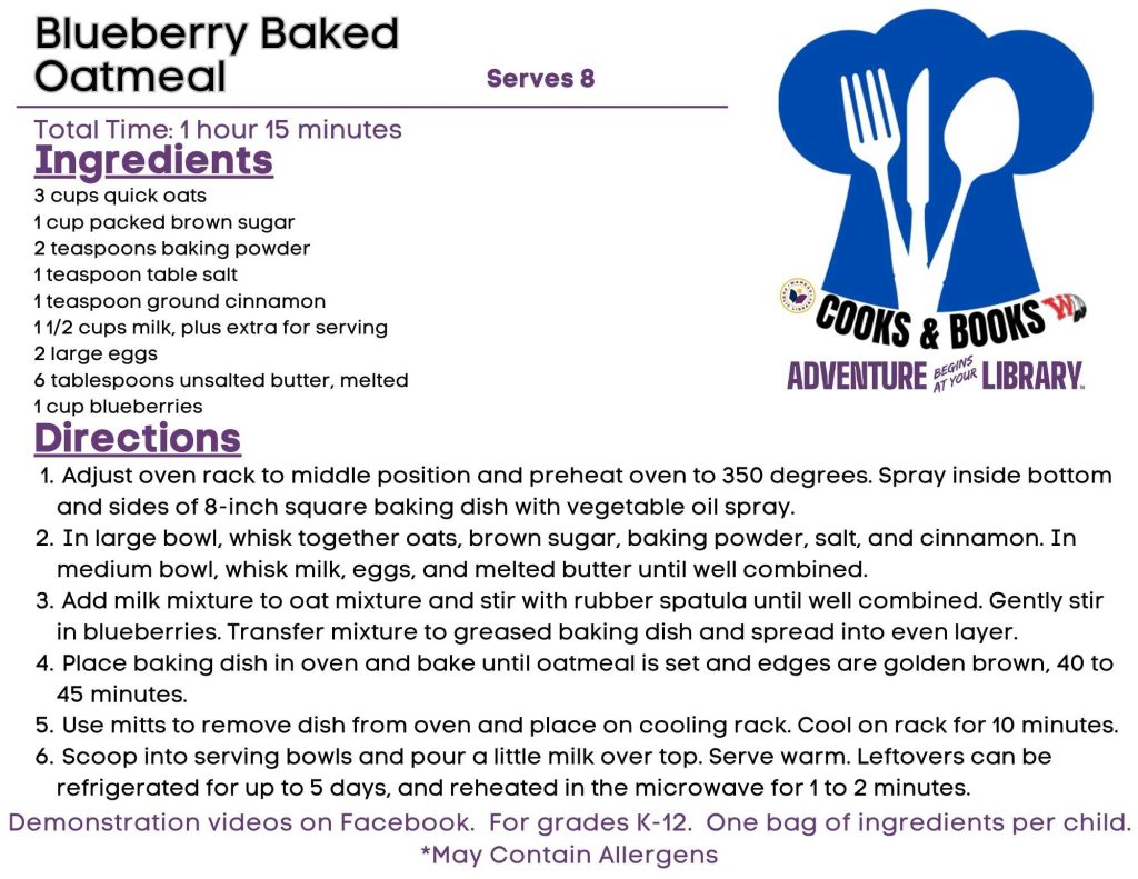 Blueberry Baked Oatmeal; ingredients and directions