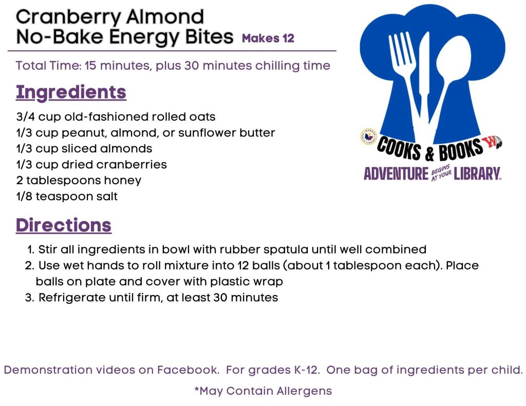 Cranberry Almond No-Bake Energy Bites; ingredients and directions
