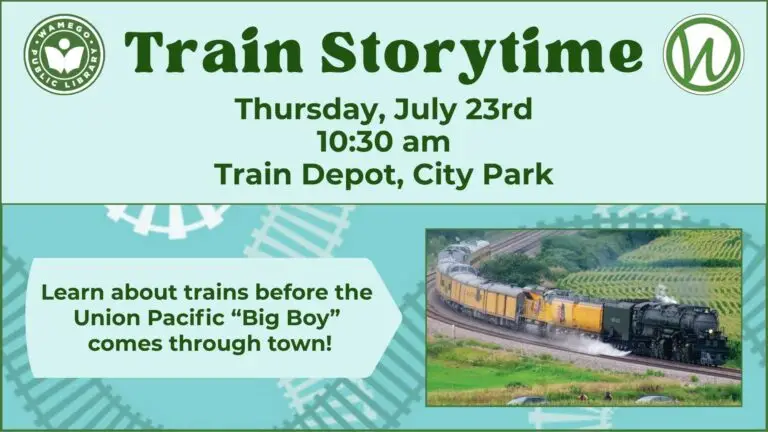 Train Storytime: Thursday, July 23rd at 10:30 am at the Train Depot in the Wamego City Park