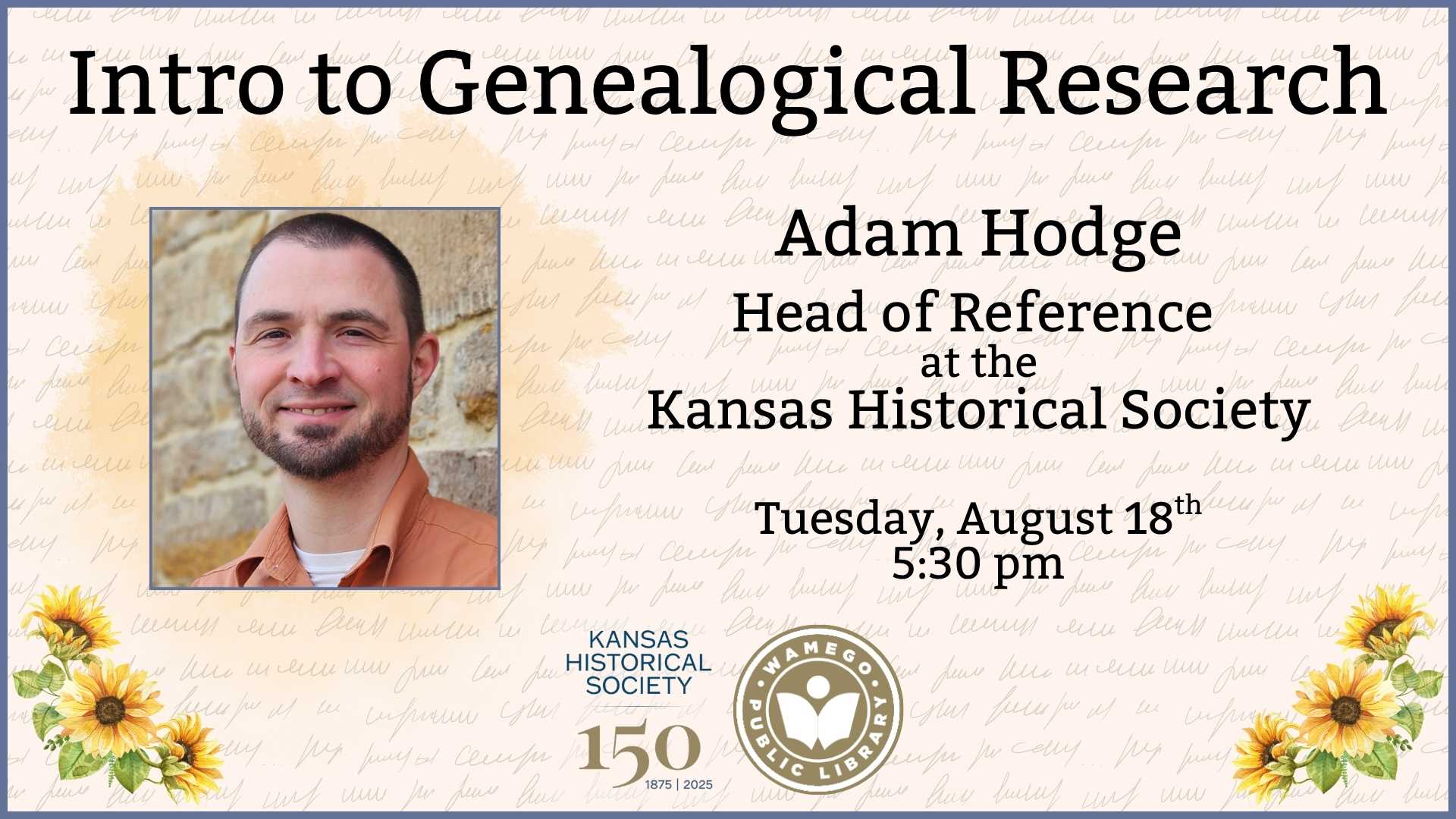Adult Class: Intro to Genealogical Research with Adam Hodge, Tuesday, August 18th at 5:30 pm