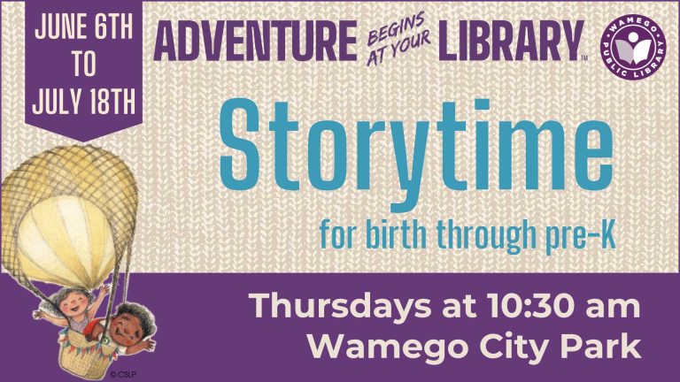 Storytime Thursdays June 6th through July 18th at 10:30 am, Wamego City Park