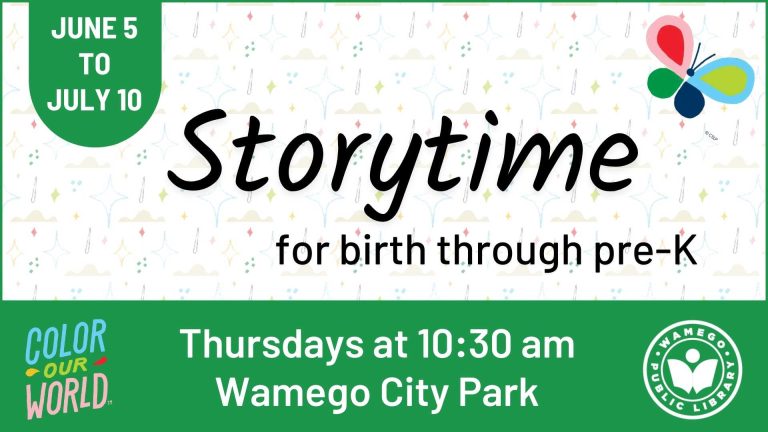Summer Storytime, June 5th to July 10th, Thursdays at 10:30 am, at Wamego City Park