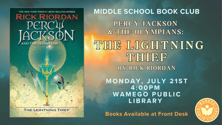 Middle School Book Club: The Lightning Thief by Rick Riordan, Monday, July 21st at 4 pm, at WPL