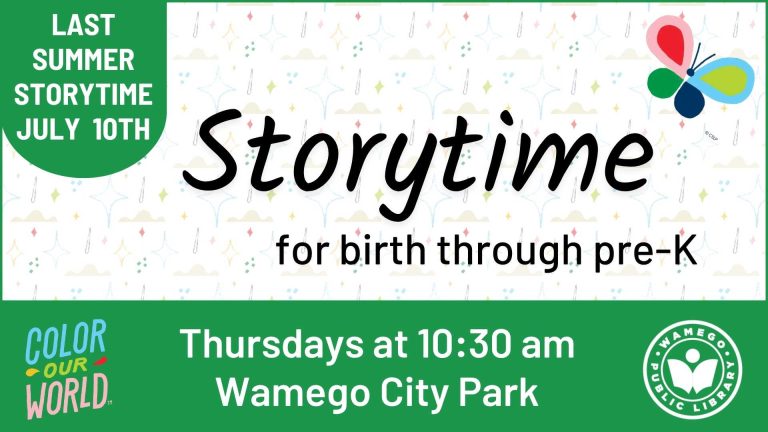 Summer Storytime, June 5th to July 10th, Thursdays at 10:30 am, at Wamego City Park