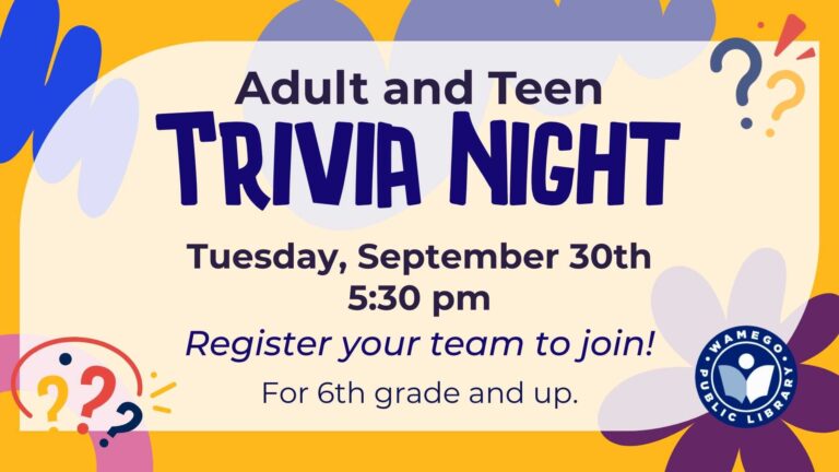 Adult and Teen Trivia Night: Tuesday, September 30th at 5:30 pm, click to register