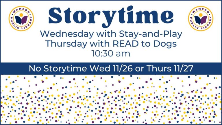 Fall Storytime: Wednesdays and Thursdays at 10:30 am, at WPL, no storytime November 26th or 27th