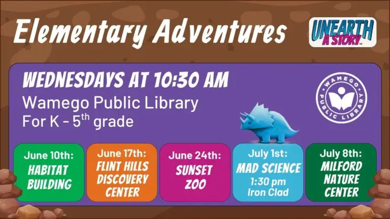 Elementary Adventures Block Sheet; Wednesdays at 10:30 am, for K-5th grade, at WPL unless otherwise noted