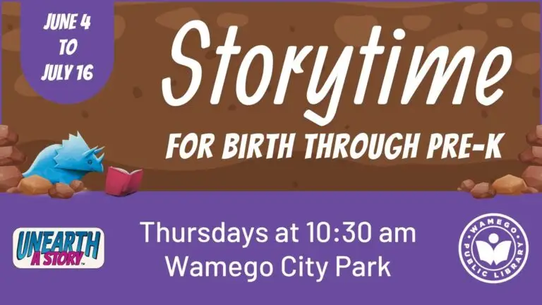 Storytime at Wamego City Park, Thursdays at 10:30 am, from June 4th to July 16th
