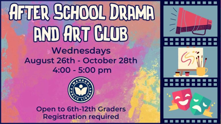 After School Drama and Art Club: Wednesdays from August 26th to October 28th at 4 pm, click to register