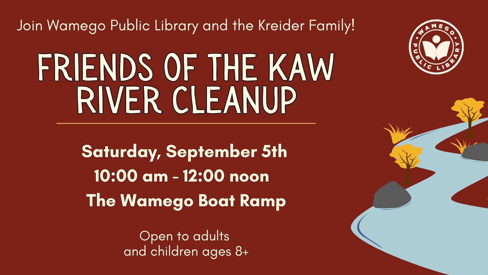 Friends of the KAW River Cleanup: Saturday, September 5th at 10 am at the Wamego Boat Ramp