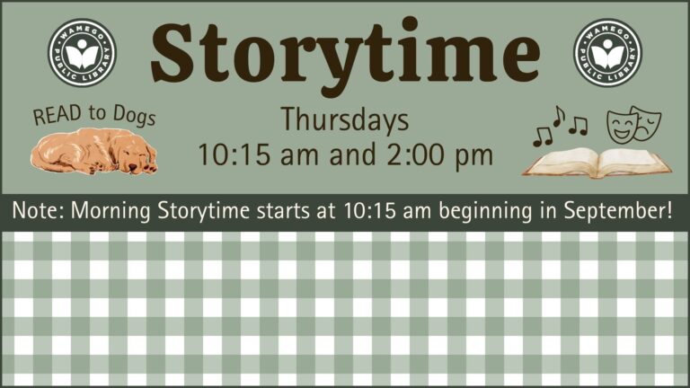 Storytime: Thursdays at 10:15 am and 2 pm, note: morning storytime starts at 10:15 am beginning in September