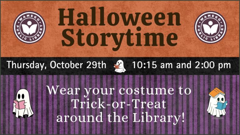 Halloween Storytime: Thursday, October 29th at 10:15 am and 2:00 pm, wear your costume to trick-or-treat around the Library!